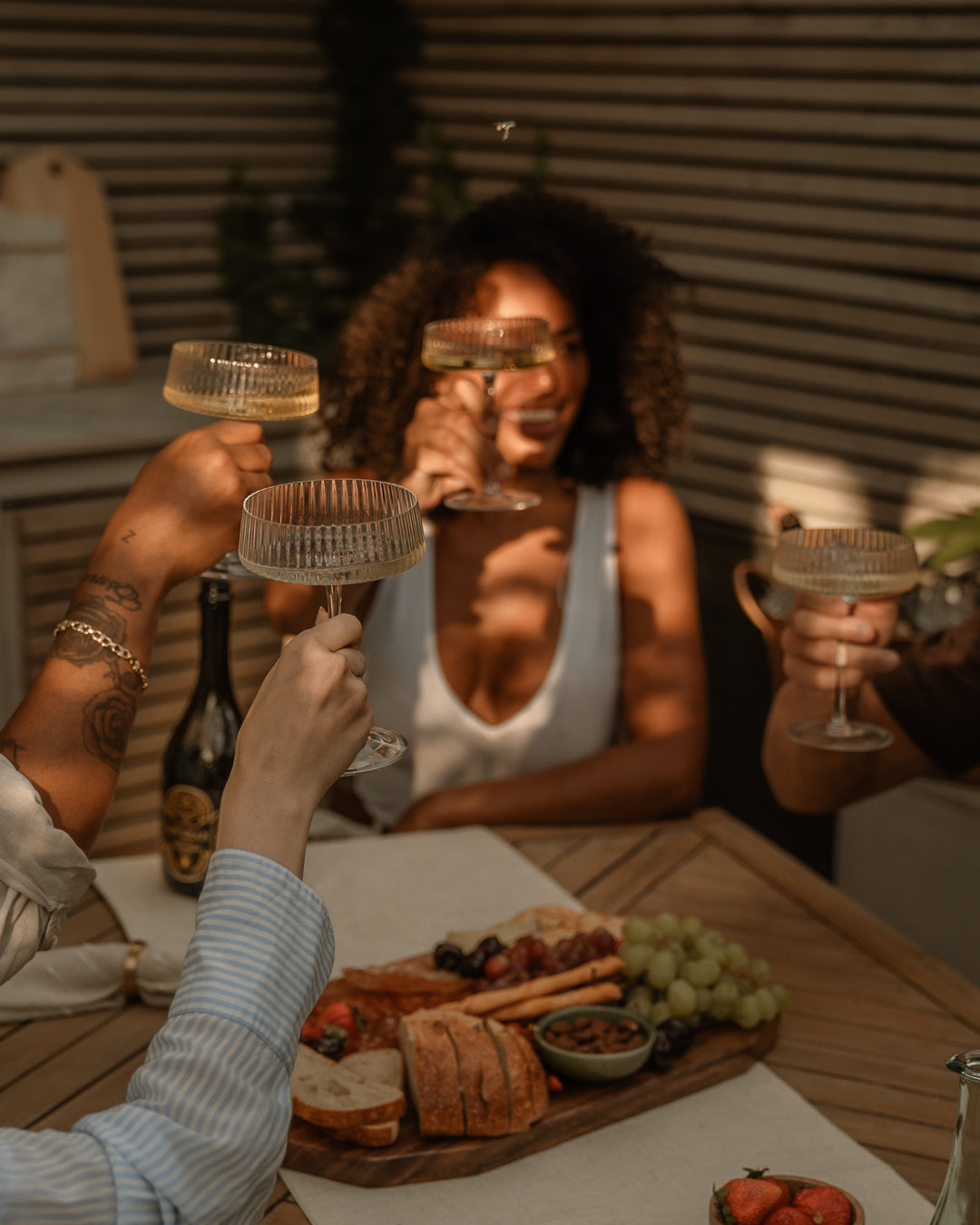 Friends raising glasses of Severan around a long table